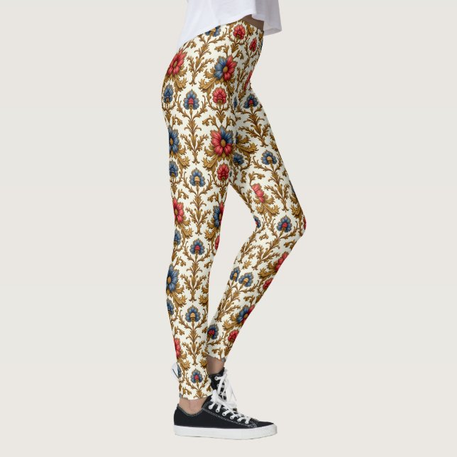 Baroque Red Blue and Gold Flowers  Leggings (Right)