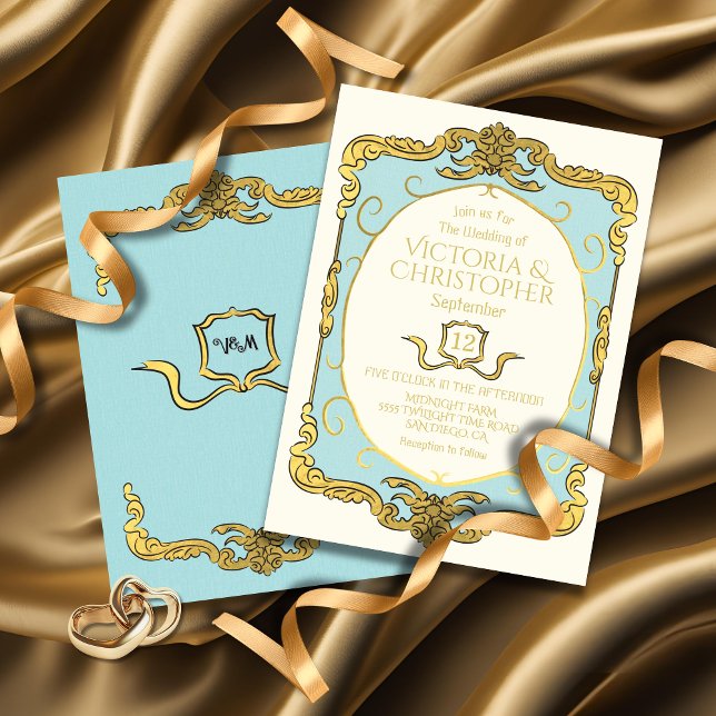 Baroque Regency Faux Gold Blue Wedding Invitation (Creator Uploaded)