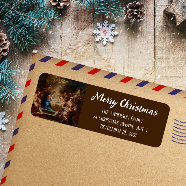 Baroque Religious Christian Christmas Nativity (Baroque Religious Christian Catholic Script Merry Christmas Nativity Scene Return Address Labels)