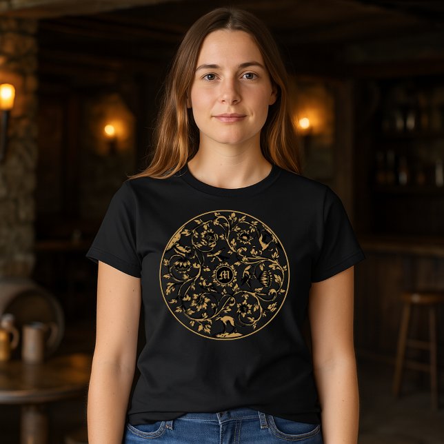 Baroque Rococo Birds Animals Floral Monogram Print T-Shirt (Creator Uploaded)