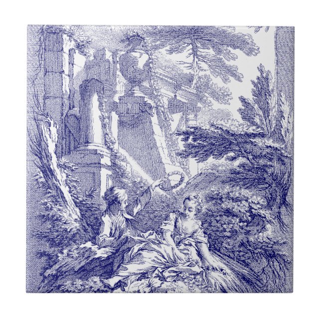 Baroque Rococo Boucher Pastoral Blue & White Tile (Front)