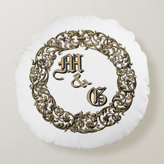 Baroque Rococo Cartouche Monograms Wedding Rings Round Cushion (Front)