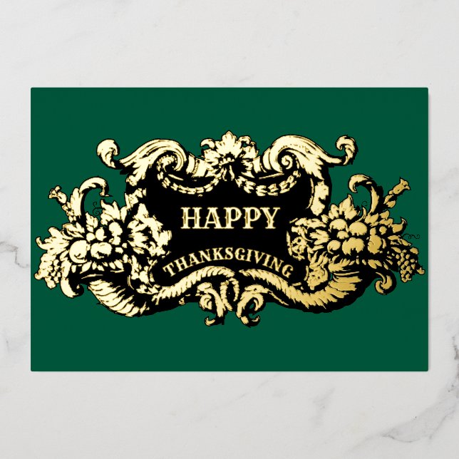 Baroque Rococo Cornucopia Fruit Cartouche Foil Holiday Card (Front)