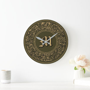 Baroque Rococo Floral Wreath Monogram Print Large Clock