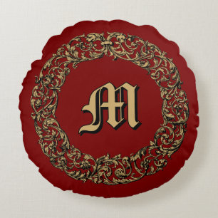 Baroque Rococo Floral Wreath Monogram Print Round Cushion