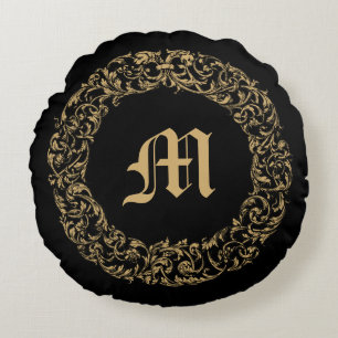 Baroque Rococo Floral Wreath Monogram Print Round Cushion