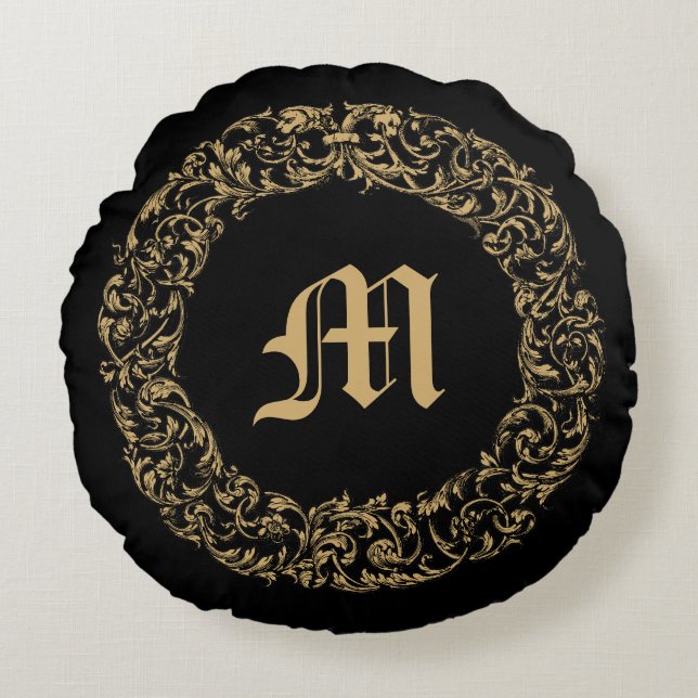 Baroque Rococo Floral Wreath Monogram Print Round Cushion (Front)