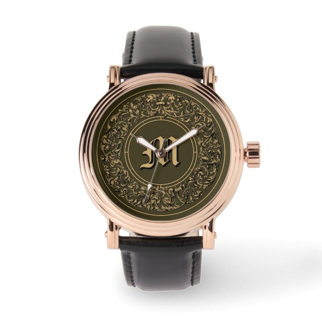 Baroque Rococo Floral Wreath Monogram Print Watch (Front)