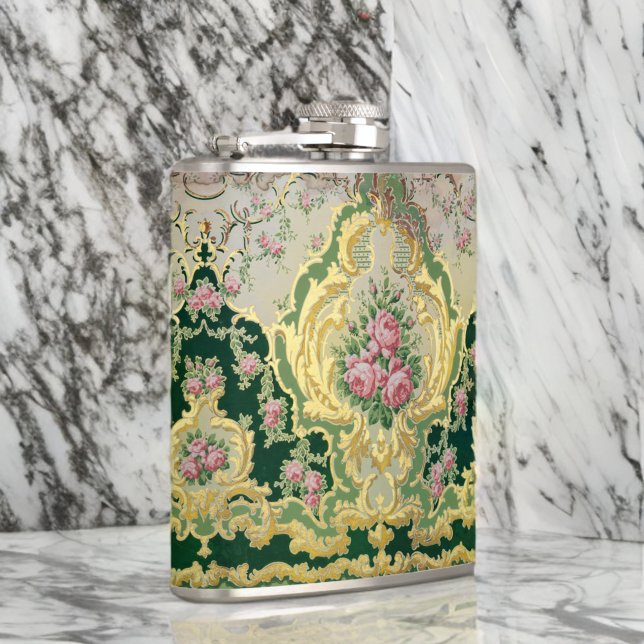 Baroque Rococo Stylish Pink Roses Gold Liquor Hip Flask (Creator Uploaded)