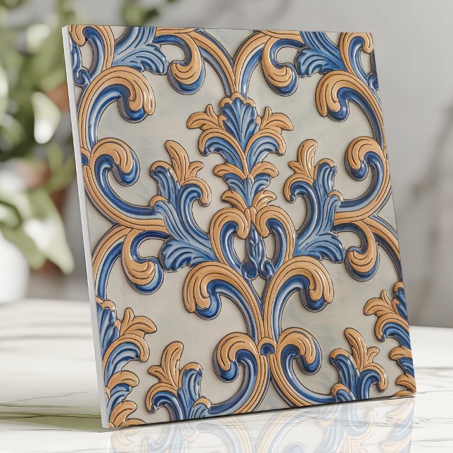 Baroque Scroll Damask Blue Gold Italian Style Tile (Creator Uploaded)