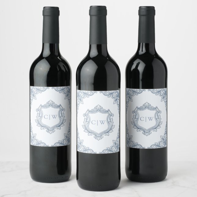 Baroque Shield Crest Dusty Blue Elegant Wedding Wine Label (Bottles)