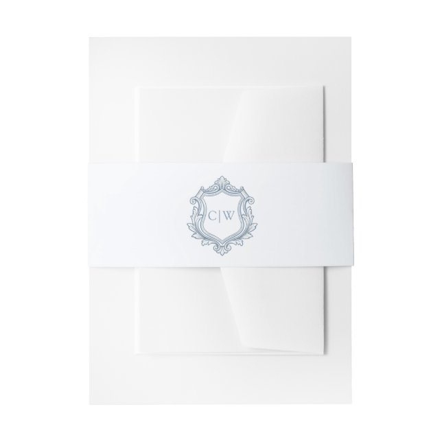 Baroque Shield Crest Dusty Blue Lace Wedding Invitation Belly Band (Front Example)