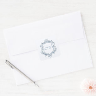 Baroque Shield Crest Dusty Blue Wedding Monogram Square Sticker