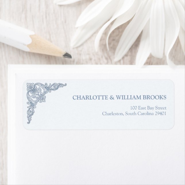 Baroque Shield Crest Dusty Blue Wedding Return Add (Insitu)