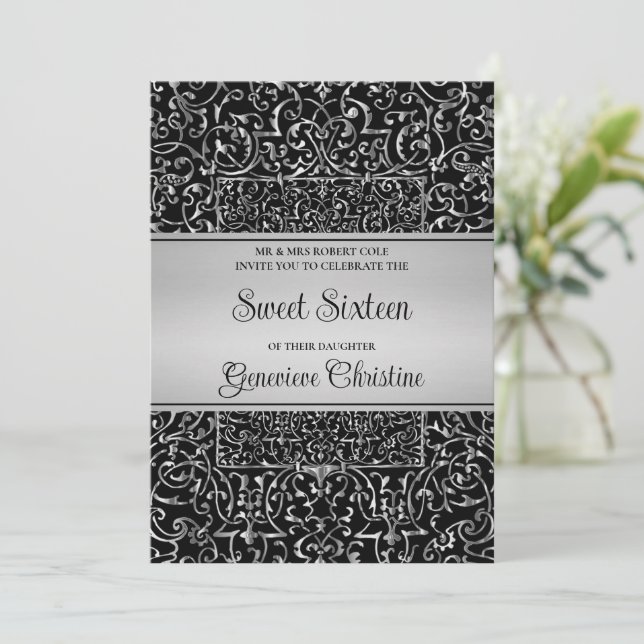 Baroque Silver Frame Quinceanera Invitation (Standing Front)