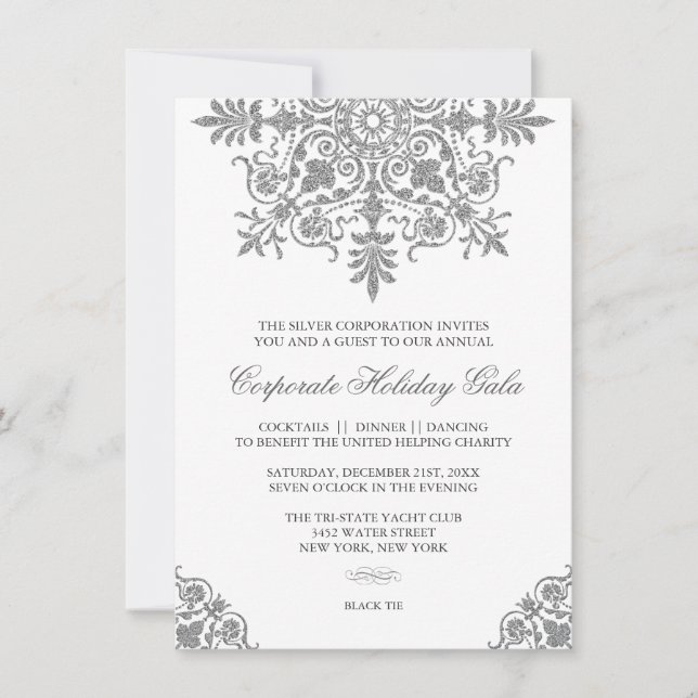 Baroque Silver Glitter Look Holiday Party Invitation (Front)