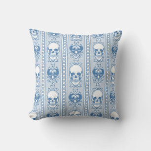 Baroque Skull Stripe Pattern Blue Cushion