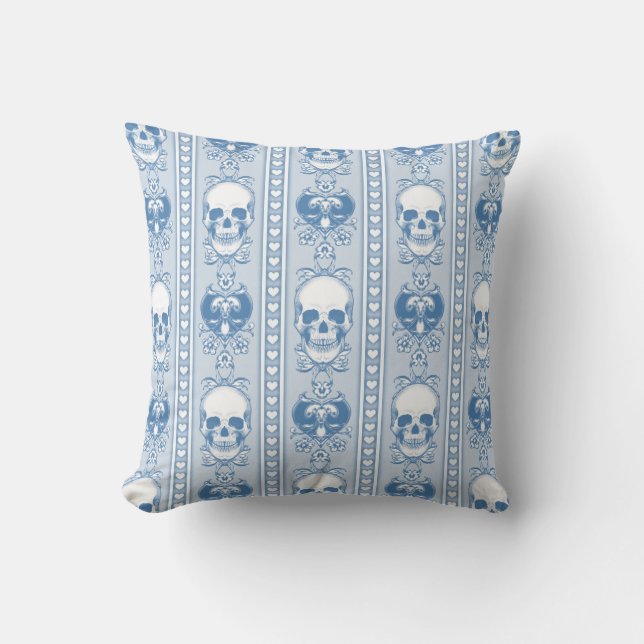 Baroque Skull Stripe Pattern Blue Cushion (Front)