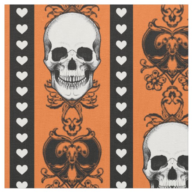 Baroque Skull Stripe Pattern Halloween Orange Fabric (Close Up)