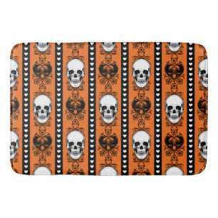 Baroque Skull Stripe Pattern Orange Black Bath Mat