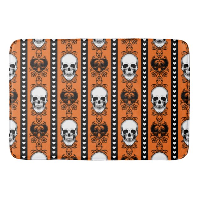 Baroque Skull Stripe Pattern Orange Black Bath Mat (Front)