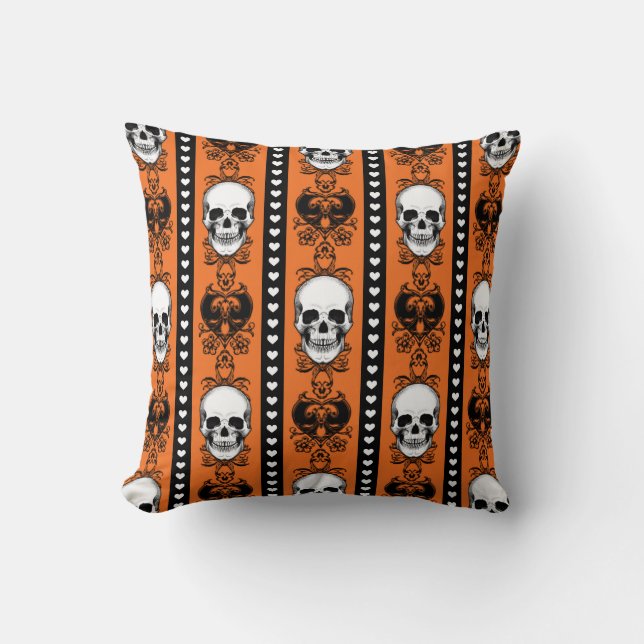 Baroque Skull Stripe Pattern Orange Black Cushion (Front)