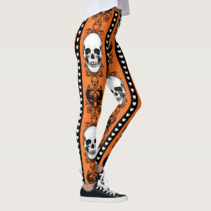 Baroque Skull Stripe Pattern Orange Black Leggings
