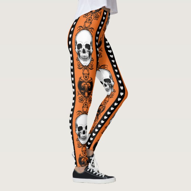 Baroque Skull Stripe Pattern Orange Black Leggings (Right)