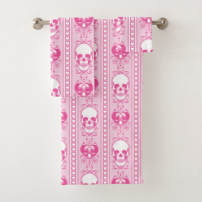 Baroque Skull Stripe Pattern Pink Bath Towel Set (Insitu)