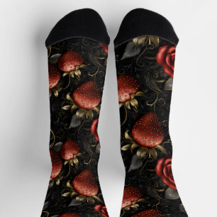 Baroque Strawberries and Roses Seamless Pattern Socks