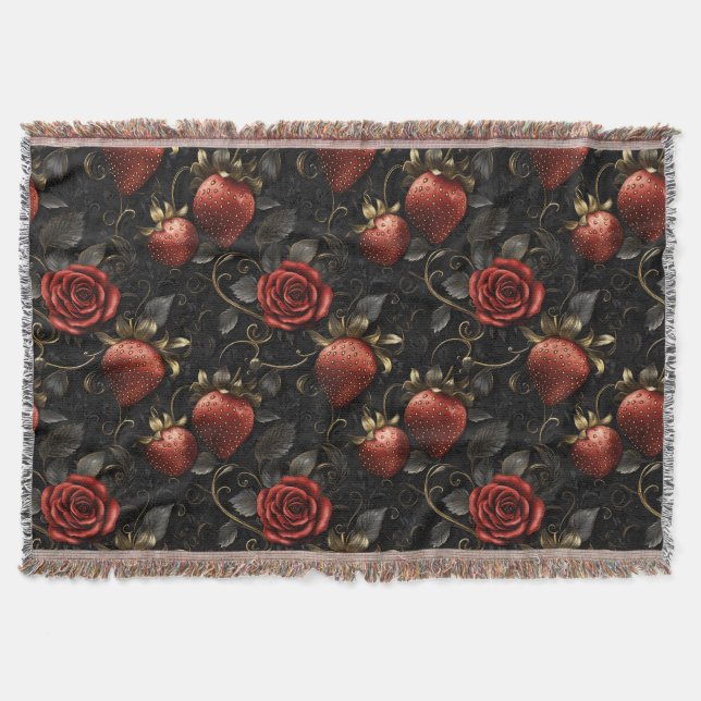 Baroque Strawberries and Roses Seamless Pattern Throw Blanket (Front)