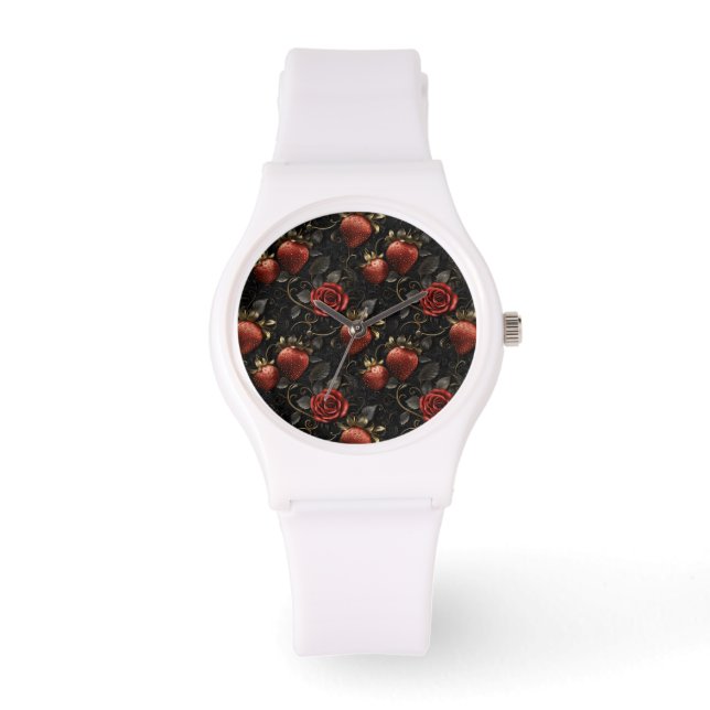Baroque Strawberries and Roses Seamless Pattern Watch (Front)