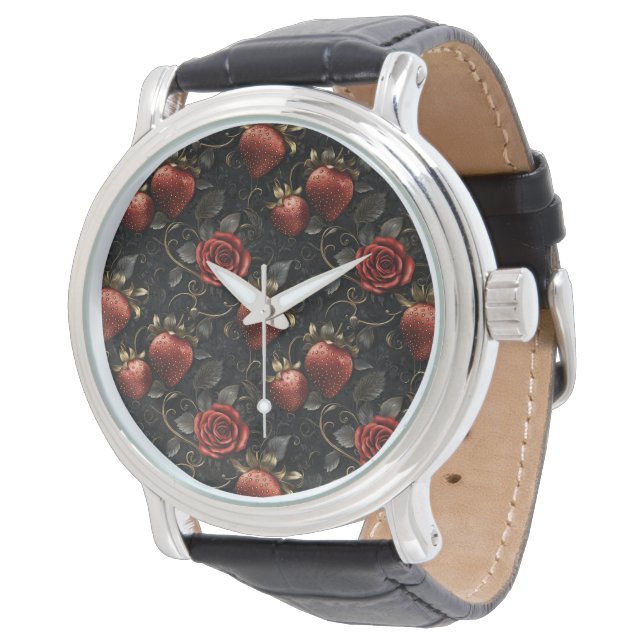 Baroque Strawberries and Roses Seamless Pattern Watch (Angled)