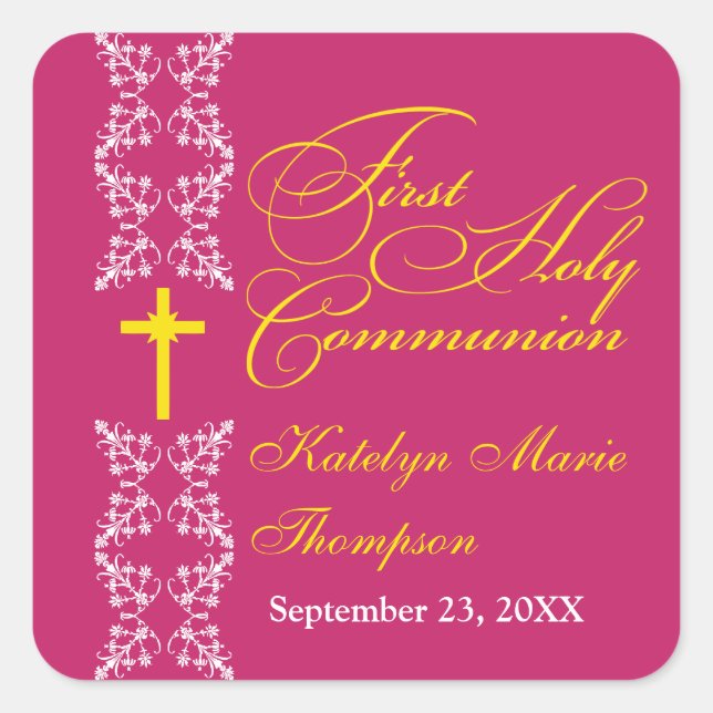 Baroque  Strip Fuchsia First Holy Communion Square Sticker (Front)