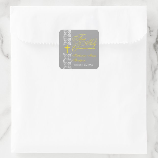 Baroque  Strip Grey First Holy Communion Square Sticker (Bag)