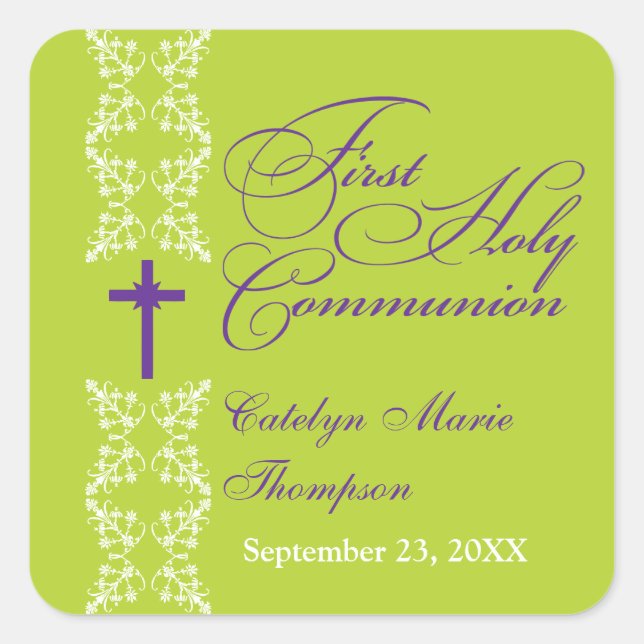 Baroque  Strip Lime First Holy Communion Square Sticker (Front)