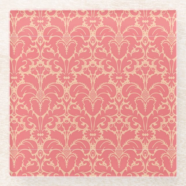 Baroque style damask background glass coaster (Front)