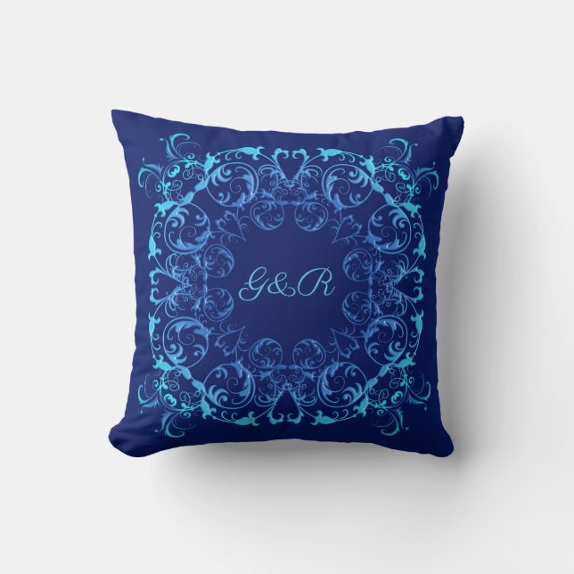 baroque style floral navy pattern. Monogram. Cushion (Front)