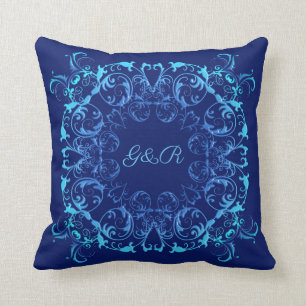 baroque style floral navy pattern. Monogram. Cushion