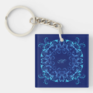 baroque style floral navy pattern. Monogram. Key Ring