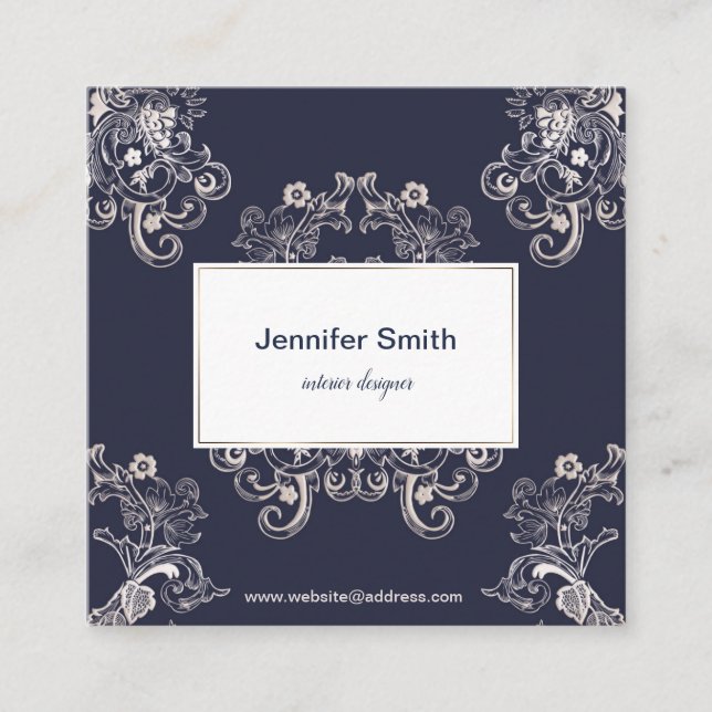 baroque style floral navy pattern. square business card (Front)