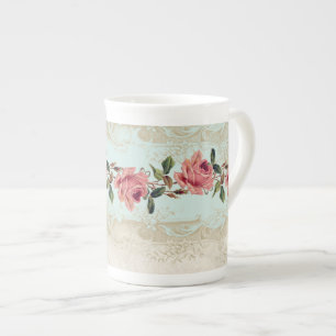 Baroque Style Vintage Rose Aqua n Cream Lace Bone China Mug