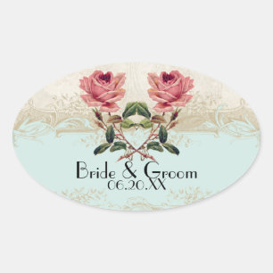 Baroque Style Vintage Rose Aqua n Cream Lace Oval Sticker