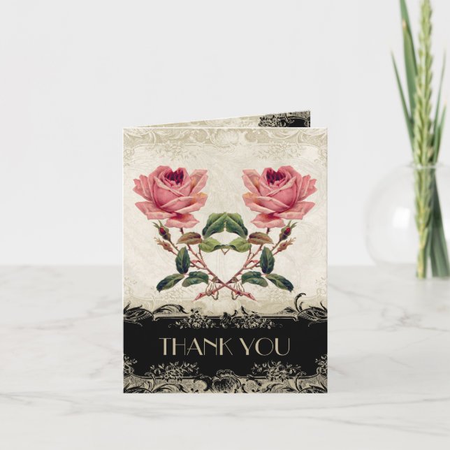 Baroque Style Vintage Rose Black Thank You Notes (Front)