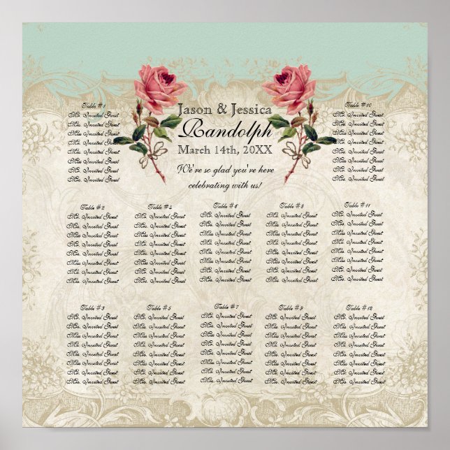 Baroque Style Vintage Rose Reception Seating Chart (Front)