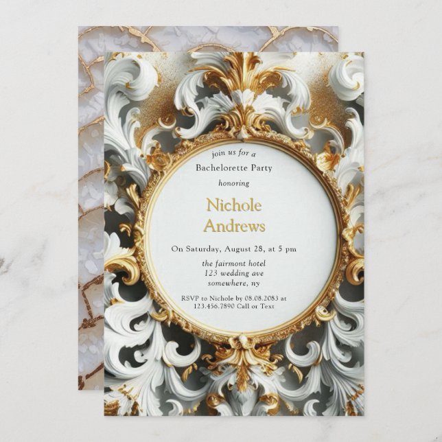 Baroque Style White Gold Bachelorette Party Invitation (Front/Back)