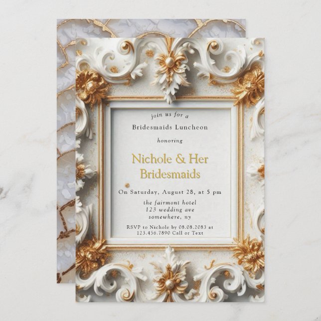 Baroque Style White Gold Bridesmaids Luncheon Invitation (Front/Back)