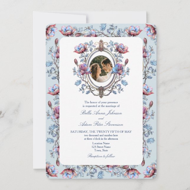 Baroque Toile Photo Wedding Invite with QR Code (Front)