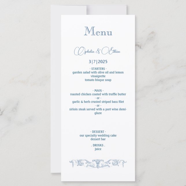 Baroque Vintage Dusty Blue wedding party Menu (Front)