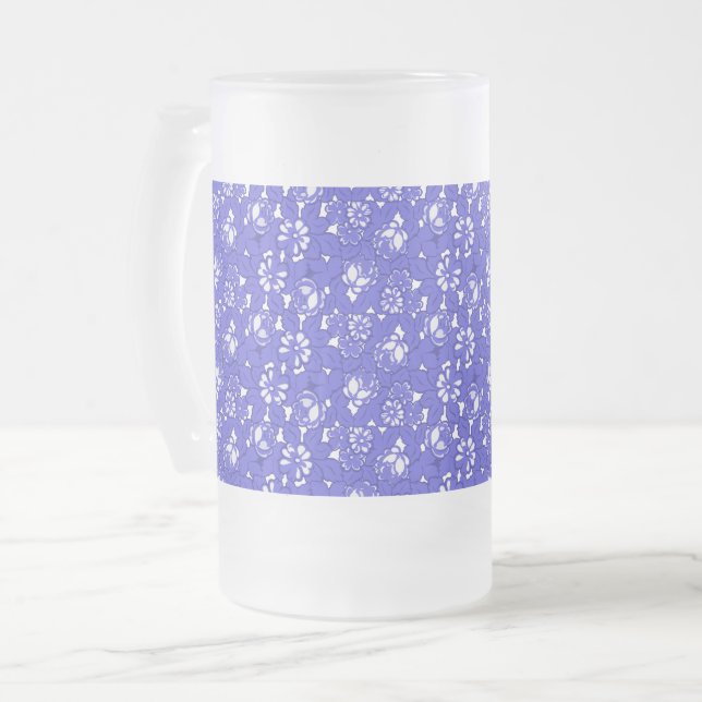 Baroque wallpaper - blue Flower Pattern Frosted Glass Beer Mug (Front Left)